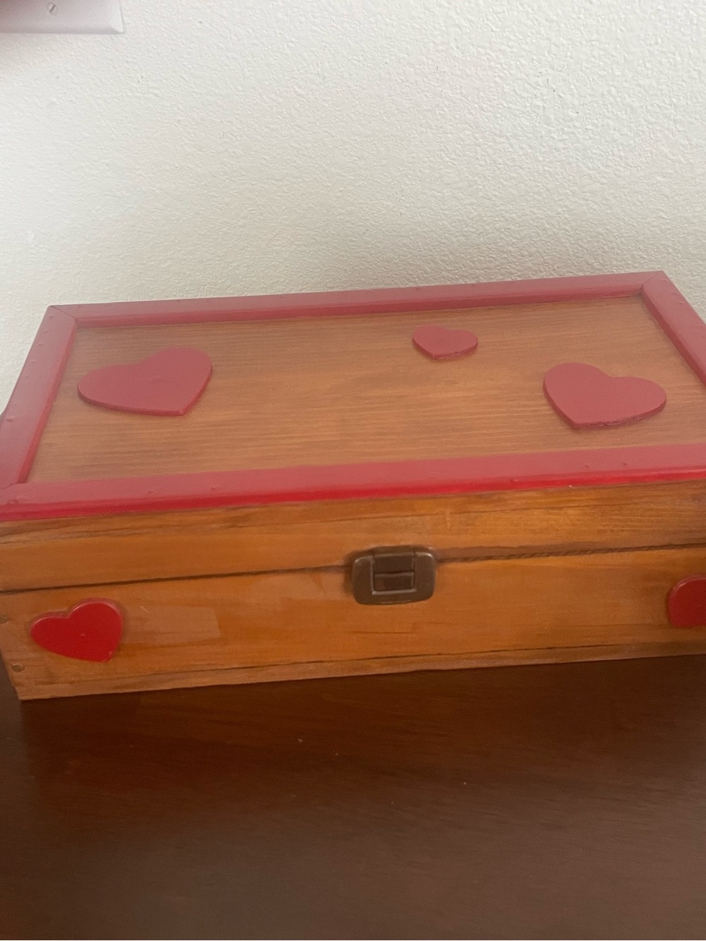 Decorative Wooden Keepsake Box with Red Heart Accents